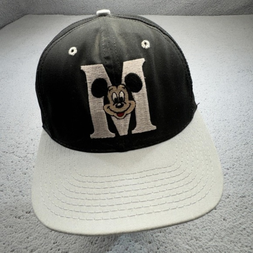 Vintage Mickey Mouse Hat Cap Snap Back Black Gray Embroidered Made‎ USA Mens 90s